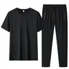 Traje Deportivo Casual de Seda de Hielo para Hombre, Verano Secado Rápido Transpirable para Correr al Aire Libre Talla Grande Manga Corta Pantalón Largo Conjunto de Dos Piezas