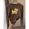 Camiseta de Manga Larga de Algodón Puro con Diseño Único Line Art para Mujer, Color Gris Carbón Cuello Redondo, Top Versátil a la Moda, Temporada Primavera y Otoño 2026