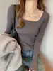 Top gris sin costuras de estilo coreano para mujer, ajustado, elegante, con cuello cuadrado, manga larga, de alta gama, para otoño e invierno