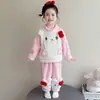 Conjunto de Pijama de Franela para Niñas Espeso Dibujo Animado Gato Bloque de Color Ropa de Casa Cálida Forro Polar Coral Ropa de Dormir Infantil