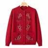 Suéter bordado para mulheres, casaco de vovó, roupas para mães de meia-idade e idosas, cardigã de malha de gola redonda para primavera e outono, blusa de corte solto para senhoras idosas