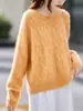 Suéter feminino de gola redonda, estilo despojado, tricô grosso, com acabamento escovado, espesso e macio, com textura de nuvem, novo suéter de lã outono/inverno