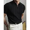 Camisa Polo Tricotada de Manga Curta Estilo Retro Americano para Homens no Verão Nova Loose Listras Verticais Gola Polo Camiseta para Homens