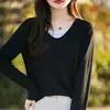 Malha de Lã Fina com Gola V Manga Longa Novo Estilo Primavera e Verão 2026 Bloqueio de Cores Design Solto Top Falso Duas Peças
