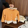 Ropa exterior para niñas de primavera y otoño, ropa infantil elegante y a la moda, patchwork de encaje estilo coreano, cárdigan dulce y a la moda