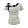 2686-Camiseta Fashionável de Gola Assimétrica de Manga Curta Estilo Europeu e Americano para Mulheres Nova Coleção Primavera e Verão 2026 Top Básico Sexy Emagrecedor