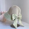 Sombrero de Paja para Mujer con Lazo de Verano con Abertura Trasera, Costuras de Tela, Parasol, Elegante, Combinable con Todo, Transpirable, Tipo Cubo, Moda Sombrero de Pescador