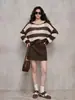 Suéter de punto muy elegante para mujer, color café con rayas, cuello redondo, manga larga, perfecto para otoño, único y hermoso, prenda exterior holgada para figuras petite.
