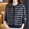 Cárdigan de punto a rayas para mujer con cuello redondo, nueva moda primavera/otoño, prenda exterior de corte holgado, abrigo suéter color block
