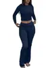 Conjunto casual de dos piezas para mujer de moda transfronteriza europea y americana con cuello redondo, mangas largas, pantalones acampanados de cintura alta y atuendo deportivo para mujer
