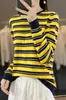 Blusas de punto de algodón de color liso para mujer para primavera y otoño, de manga larga con cuello redondo a rayas, venta al por mayor de comercio exterior