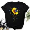Camiseta Casual de Algodón Linda con Estampado de Girasol y Mariposa Cómoda para Mujer Top Negro Camiseta Gráfica