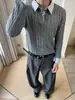 Suéter de Dos Piezas Tejido de Cable Estilo Old Money para Hombre, Temporada de Otoño, Suéter Rayado Patchwork, Sensación Casual de Alta Gama, Top con Cuello Polo