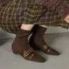 Botas Delgadas Elásticas con Hebilla de Cinturón Estilo Francés, Fáciles de Poner y Combinar, Botines Cortos Elásticos de Terciopelo con Peluche, Punta Cuadrada Pequeña, Botines Individuales Marrones de Tacón Bajo