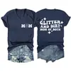 Glitter e sujeira mãe Amazon Wish site independente moda casual feminina camiseta gola V manga curta