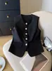 Colete Transfronteiriço Preto Estilo Chanel com Botões Dourados de Camélia, Cintura Marcada, Emagrecedor, Blazer Elegante Sem Mangas