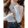 Camiseta base azul para mujer para otoño e invierno, con cuello alto fruncido, un top de suéter tejido muy elegante