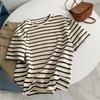 Camiseta de rayas de manga corta con encaje de algodón para mujer, estilo coreano, sencilla, holgada, con cuello redondo, versátil, a rayas, para la parte superior e inferior.