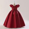 Novo Vestido Infantil Transfronteiriço Meninas Manga Bolha de Cetim Contas Laço Longo Vestido Princesa Performance de Aniversário