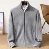 Nuevo suéter de abrigo para hombre de otoño e invierno con cuello camisero, 100% lana pura, cárdigan con cremallera completa, tejido de lana grueso
