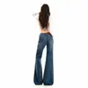 Calça jeans feminina transfronteiriça, levemente flare, cintura baixa, estilo americano, lavada, com bordado de garota ousada, azul vintage, calça comprida, azul vintage, extra longa, Yichun
