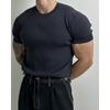 Suéter fino de verano con cuello redondo y manga corta para hombre, corte ajustado, elástico, moderno, diseño combinable, camiseta de media manga con rayas verticales