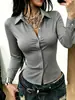 Camisa simples de cor sólida de manga comprida plus size para mulheres, anti-exposição com botões ocultos, corte slim e valoriza a silhueta para o local de trabalho.
