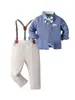 Traje Formal para Niños, Conjunto Formal para Niños, Camisa Azul con Corbata de Moño y Peto, Ropa Infantil para Bodas, Cumpleaños y Fiestas
