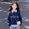 Estilo Coreano Versátil Moderno Bloque de Color Rayas Patchwork Cuello Polo Falso Dos Piezas Top Conjunto de Pantalones Vaqueros Estilo Coreano