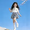 Conjunto de Roupa de Verão para Meninas Manga Curta Conjunto de Saia Doce Versátil Estilo Escolar para Meninas Gola POLO Saia Xadrez