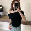 Estilo Francés de Verano Estilo Suave Cinta Floral Punto sin Hombros Ajuste Delgado Arrugado Top Irregular Camiseta de Manga Corta