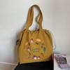 Bolsa Tote de Nylon Estilo Floresta Retro com Bordado de Cogumelo Grande Capacidade Bolsa de Ombro com Cordão Bordada Bolsa para Aula e Trajeto de Estudante