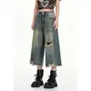 Jeans Rectos para Mujer con Diseño Deshilachado y Roto Estilo Americano, Nuevo Modelo de Verano, Versátil Cintura Alta Estilo Vintage, Largo Cropped Desgastado