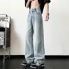 Jeans azules lavados con estampado de rayo para hombre, estilo americano de alta calle para otoño, pantalones holgados de pierna recta, pantalones anchos vintage modernos desgastados
