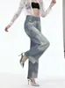 Calça reta com strass hotfix transfronteiriça, design feminino elástico estilo vintage, com strass hotfix irregular