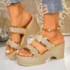 Sandalias de Mujer Transfronterizas Tacones Altos Y Nuevo Modelo H Textura Comercio Exterior Suela Gruesa 25 Moda Talla Grande Metal 0 Tacón de Cuña Color Dorado