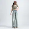 Calça Jeans de Cintura Alta Wide Leg com Strass Feminina Nova Coleção Primavera Verão 2024 Design Hot Drilling Senso de Design Calça de Pano Feminina Solta com Efeito Slim
