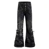 Jeans de estilo americano de calle con estampado de rayo, lavados, desgastados, microacampanados para hombre y mujer, corte slim, versátiles, con detalles de botón y correa, pantalones largos de moda
