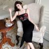 Foto Real do Novo Vestido Tubinho Estampado Estilo Chinês com Cintura e Alças para Cobrir os Quadris, Saia Midi
