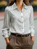 Camisa Elegante de Raya Blanca y Negra con Solapa Estilo Europeo y Americano para Mujer, Manga Larga, Satín, Top de Oficina 2025 Primavera