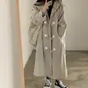 Novos tamanhos disponíveis: Casaco de lã com capuz e botões de chifre estiloso de inverno para mulheres, solto e casual, na altura do joelho, moderno