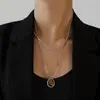 Colar Corrente Clavícula Versátil Retrô Pingente Design Geométrico Contas de Concha Pedra Olho de Tigre Personalidade Luxo Leve Europeu e Americano Aço Titânio Atacado