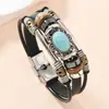 Pulsera de Cuero Vintage Simple Creativa para Hombres y Mujeres con Cuentas Metálicas Turquesa, Joyería Personalizada de Moda Transfronteriza