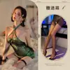Encantadora Cheongsam de Cobra Verde Fada Cosplay Sexy Gola Alta Gola Halter Manto Transparente Bodycon Uniforme Vestido de Malha 485