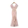 Ropa europea y americana para mujer transfronteriza, popular en AliExpress, estampado floral de rosas, escote en V profundo, dobladillo irregular, vestido largo de sirena