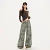 Jeans de pierna ancha con estampado de leopardo para mujer transfronterizos, estilo retro americano, fluidos, hasta el suelo, pantalones beige con estampado de leopardo, extra largos beige con estampado de leopardo