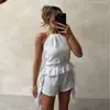 60215 Amazon Nuevos Llegados Primavera y Verano para Mujer Sexy Ajustado Sin Espalda Borla Europeo y Americano Cuello Halter Conjunto de Shorts para Mujer