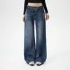 Cross2026 Estilo Outono/Inverno Retrô Americano Calça Jeans de Cintura Baixa Solta de Pernas Largas Caimento Versátil Design de Cintura Irregular Jeans