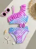 2027 Nuevo Traje de Baño Enterizo Transfronterizo de Comercio Exterior para Niñas de Tallas Mediana y Grande, Cola de Sirena Estampada con Encaje Degradado Traje de Baño Infantil