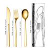 Venta caliente transfronteriza 304 acero inoxidable cuchillo, tenedor, cuchara, palillos traje de vajilla bolsa de PVC conveniente juego de cuatro piezas de vajilla portuguesa